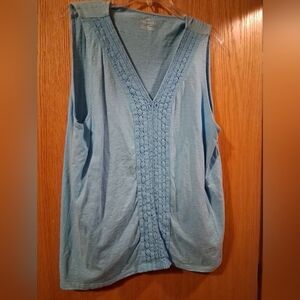 Talbots Womens Cotton Tank Top Blue Sleeveless Embroidered V-Neck Shirt XL
